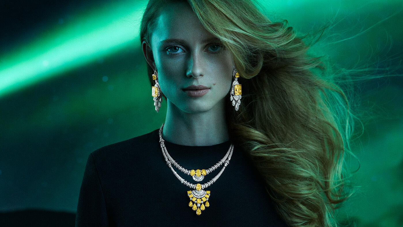 Model wears Graff Galaxia Yellow Diamond High Jewellery Suite